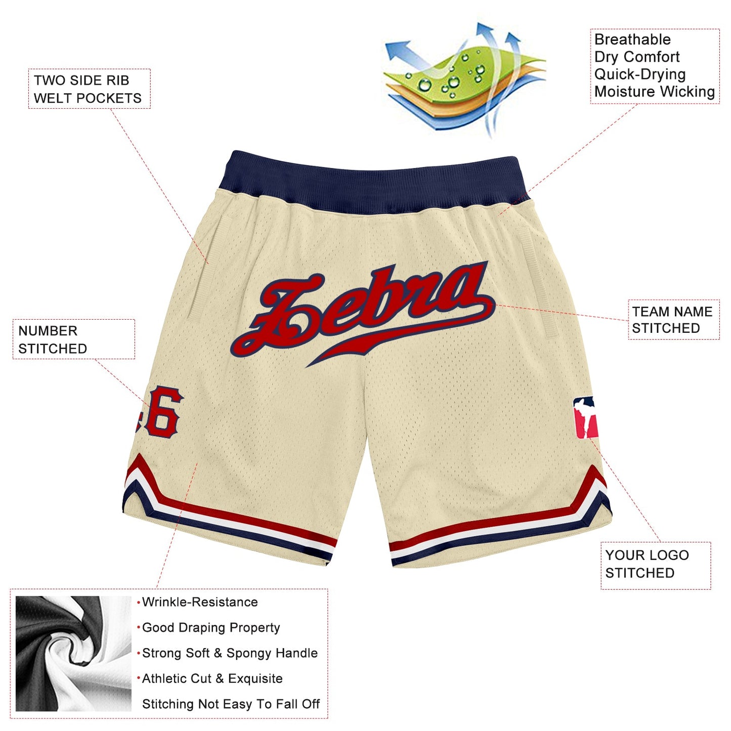 Custom Cream Red-Navy Authentic Throwback Basketball Shorts view 2