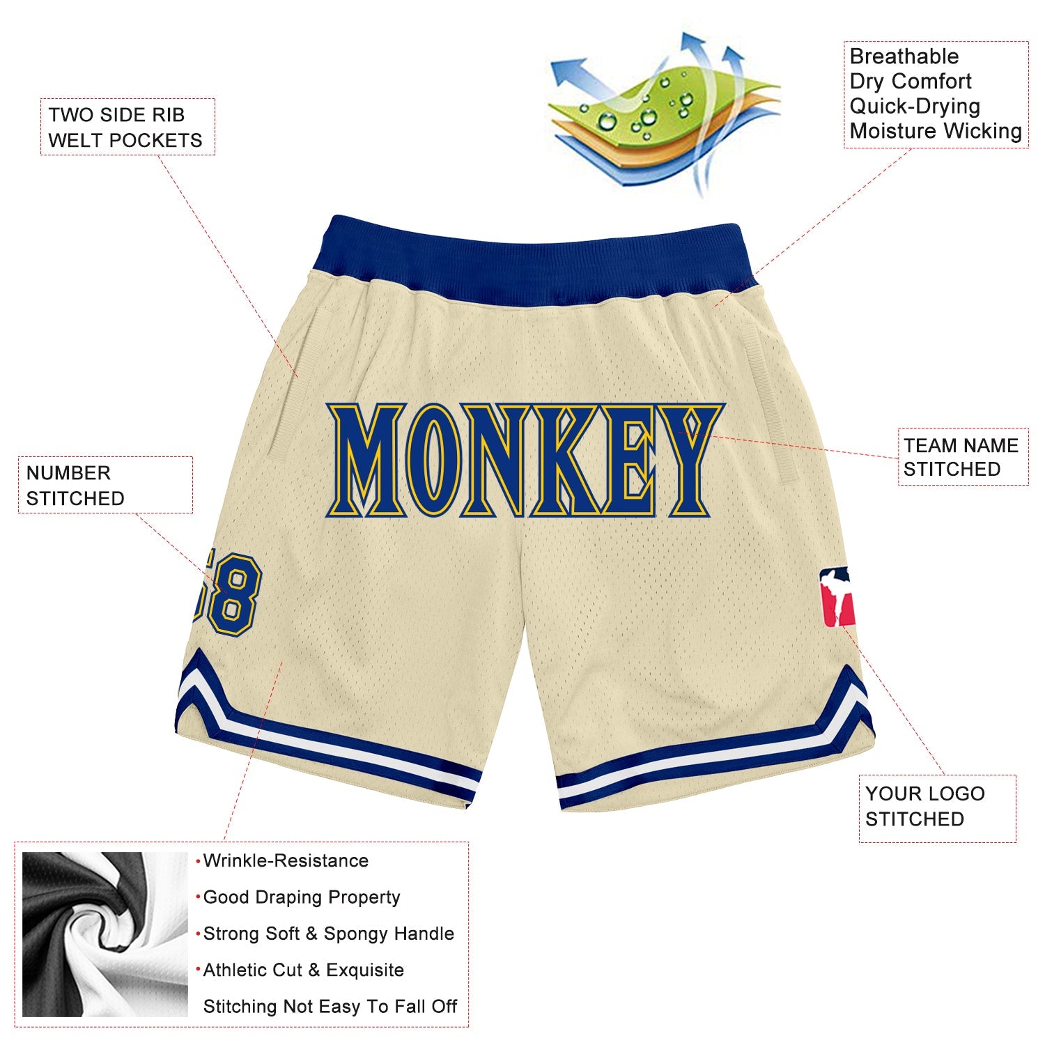 Custom Cream Royal-Gold Authentic Throwback Basketball Shorts view 2