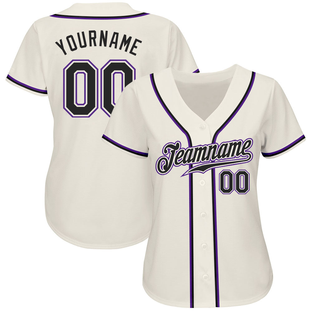 Custom Cream Black-Purple Authentic Baseball Jersey view 2