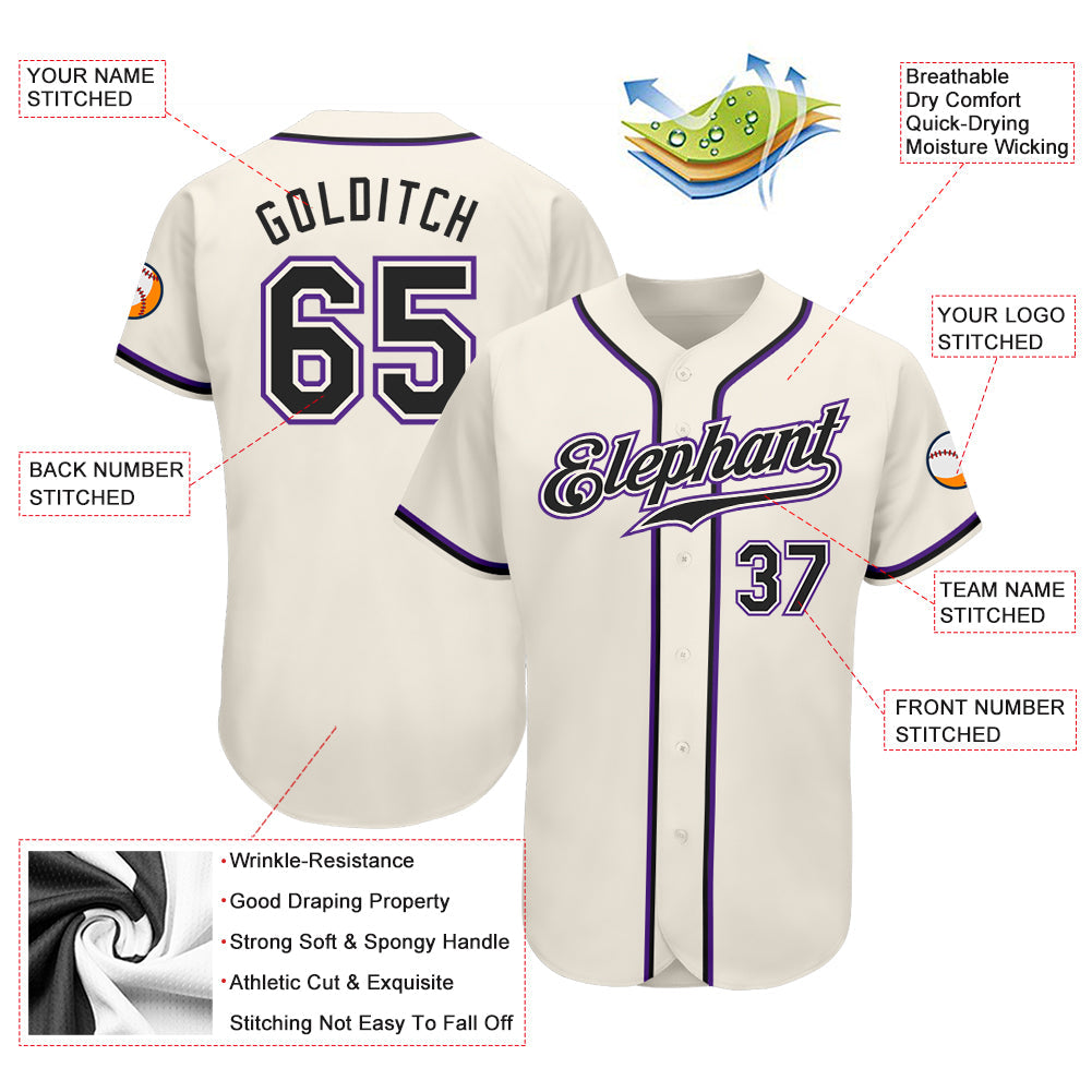 Custom Cream Black-Purple Authentic Baseball Jersey view 3