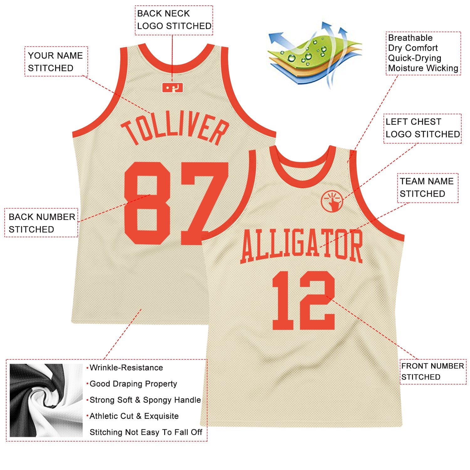 Custom Cream Orange Authentic Throwback Basketball Jersey view 2