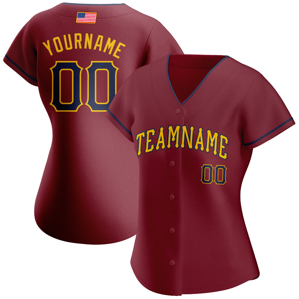 Custom Crimson Navy-Gold Authentic American Flag Fashion Baseball Jersey view 2