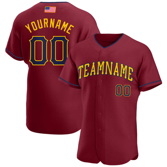 Custom Crimson Navy-Gold Authentic American Flag Fashion Baseball Jersey - Main View