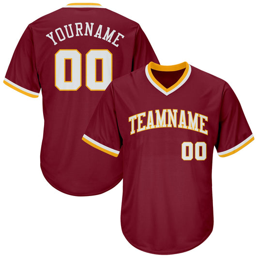 Custom Crimson White-Gold Authentic Throwback Rib-Knit Baseball Jersey Shirt - Main View