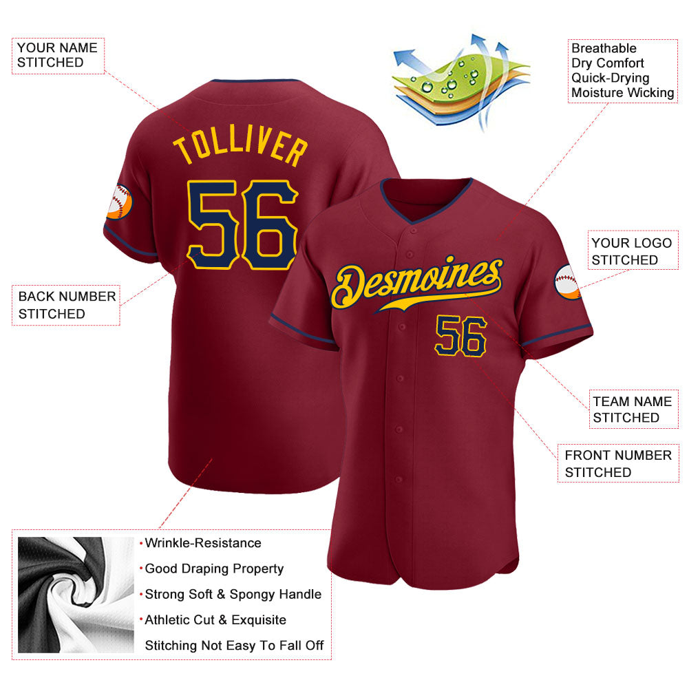 Custom Crimson Navy-Gold Authentic Baseball Jersey view 3