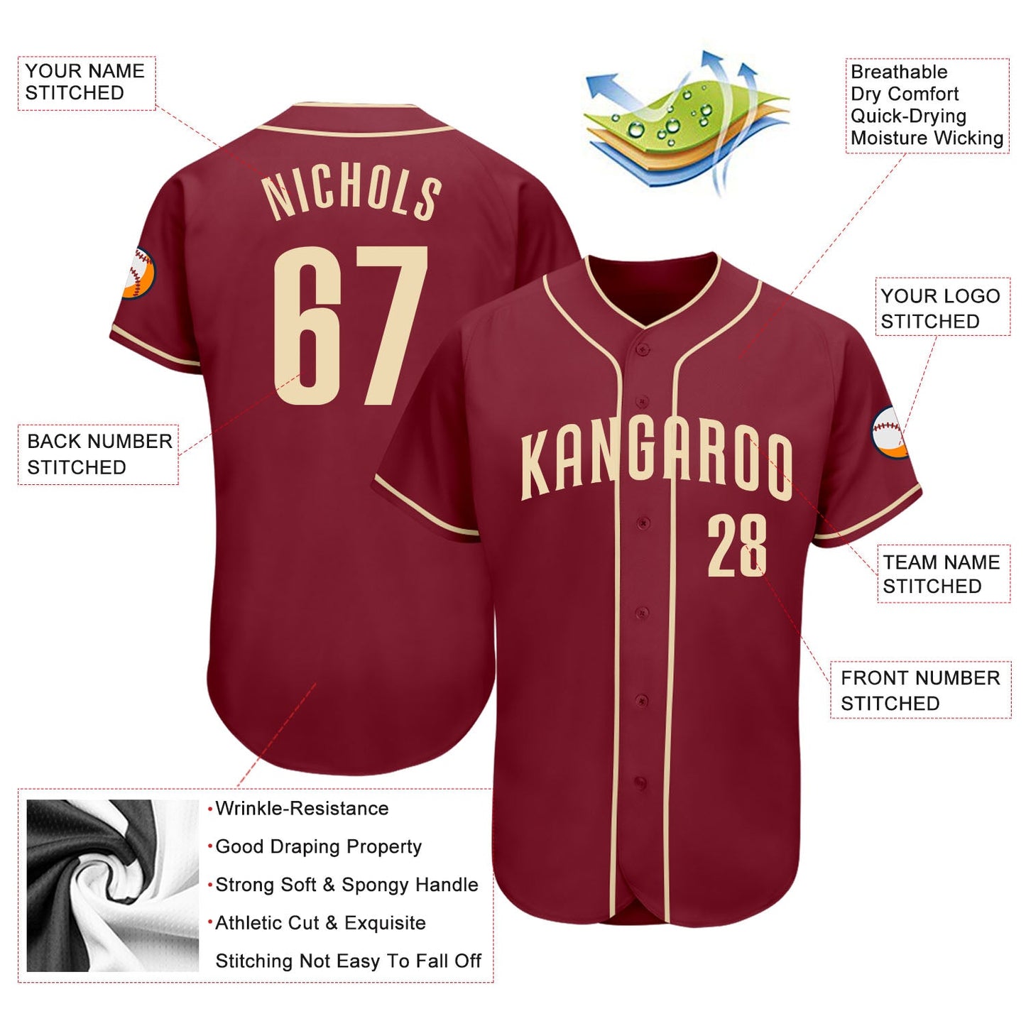 Custom Crimson Cream Authentic Baseball Jersey view 3