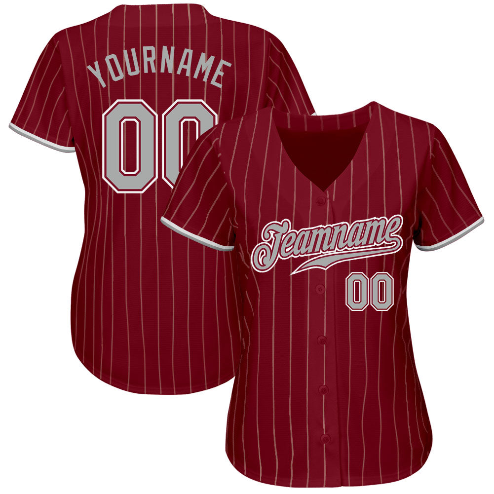 Custom Crimson Cream Pinstripe Gray-White Authentic Baseball Jersey view 2