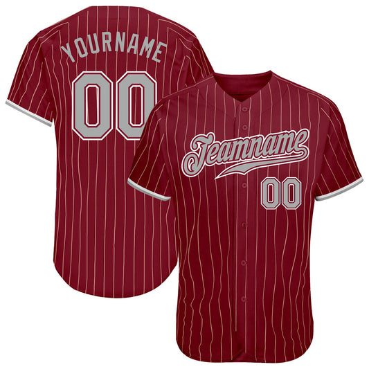 Custom Crimson Cream Pinstripe Gray-White Authentic Baseball Jersey - Main View