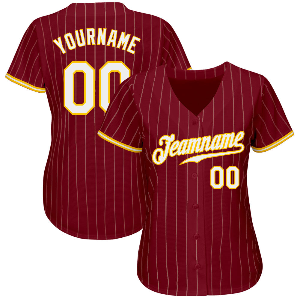 Custom Crimson Cream Pinstripe Gold-White Authentic Baseball Jersey view 2