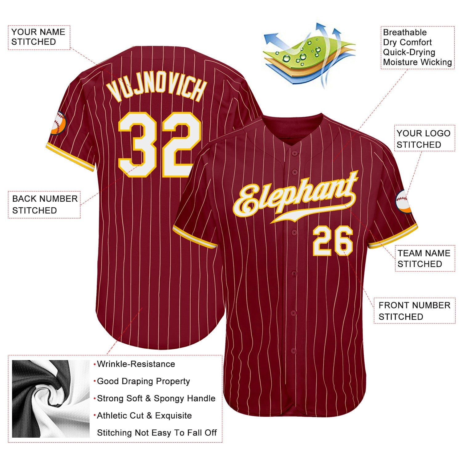 Custom Crimson Cream Pinstripe Gold-White Authentic Baseball Jersey view 3