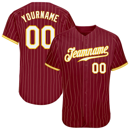 Custom Crimson Cream Pinstripe Gold-White Authentic Baseball Jersey - Main View
