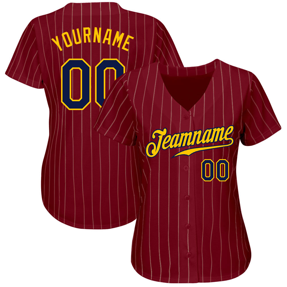 Custom Crimson Cream Pinstripe Navy-Gold Authentic Baseball Jersey view 2