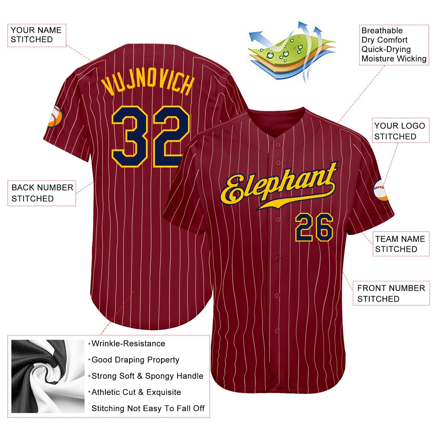 Custom Crimson Cream Pinstripe Navy-Gold Authentic Baseball Jersey view 3