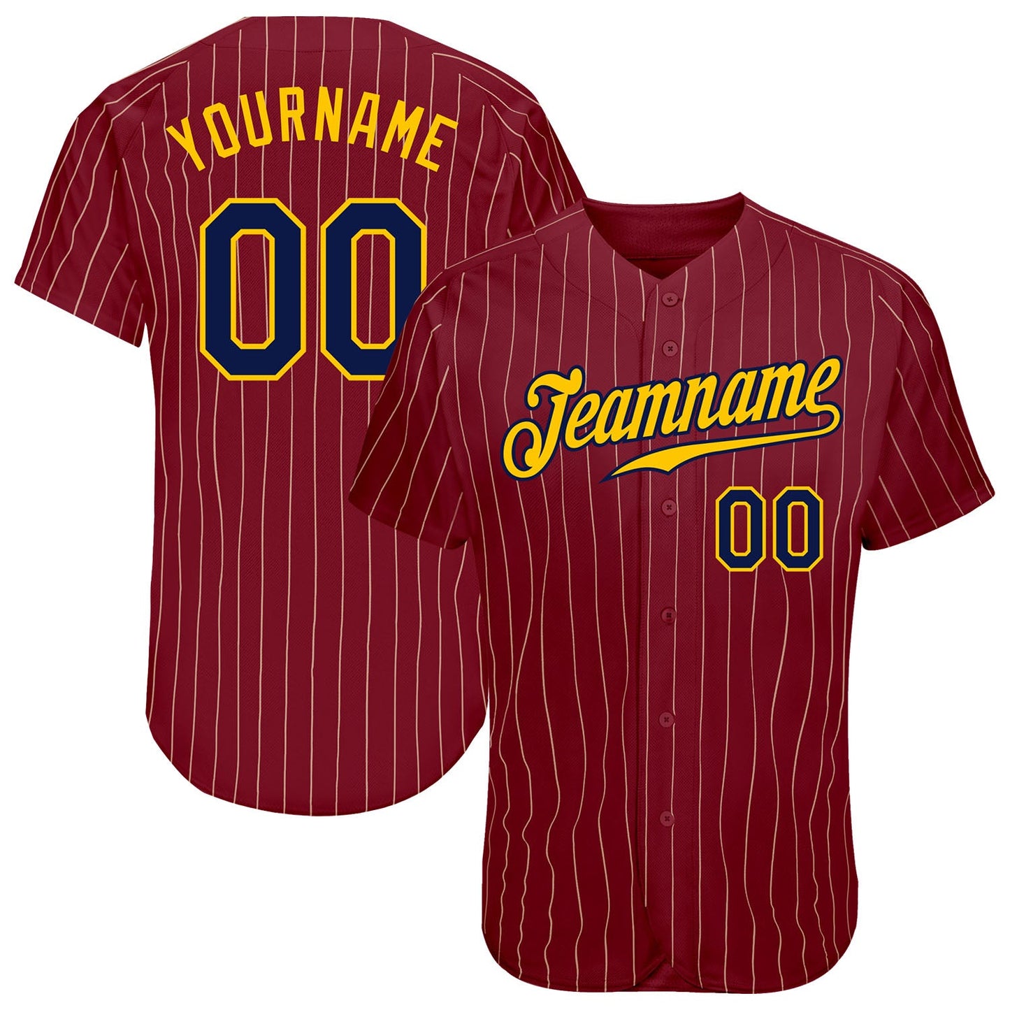 Custom Crimson Cream Pinstripe Navy-Gold Authentic Baseball Jersey - Main View