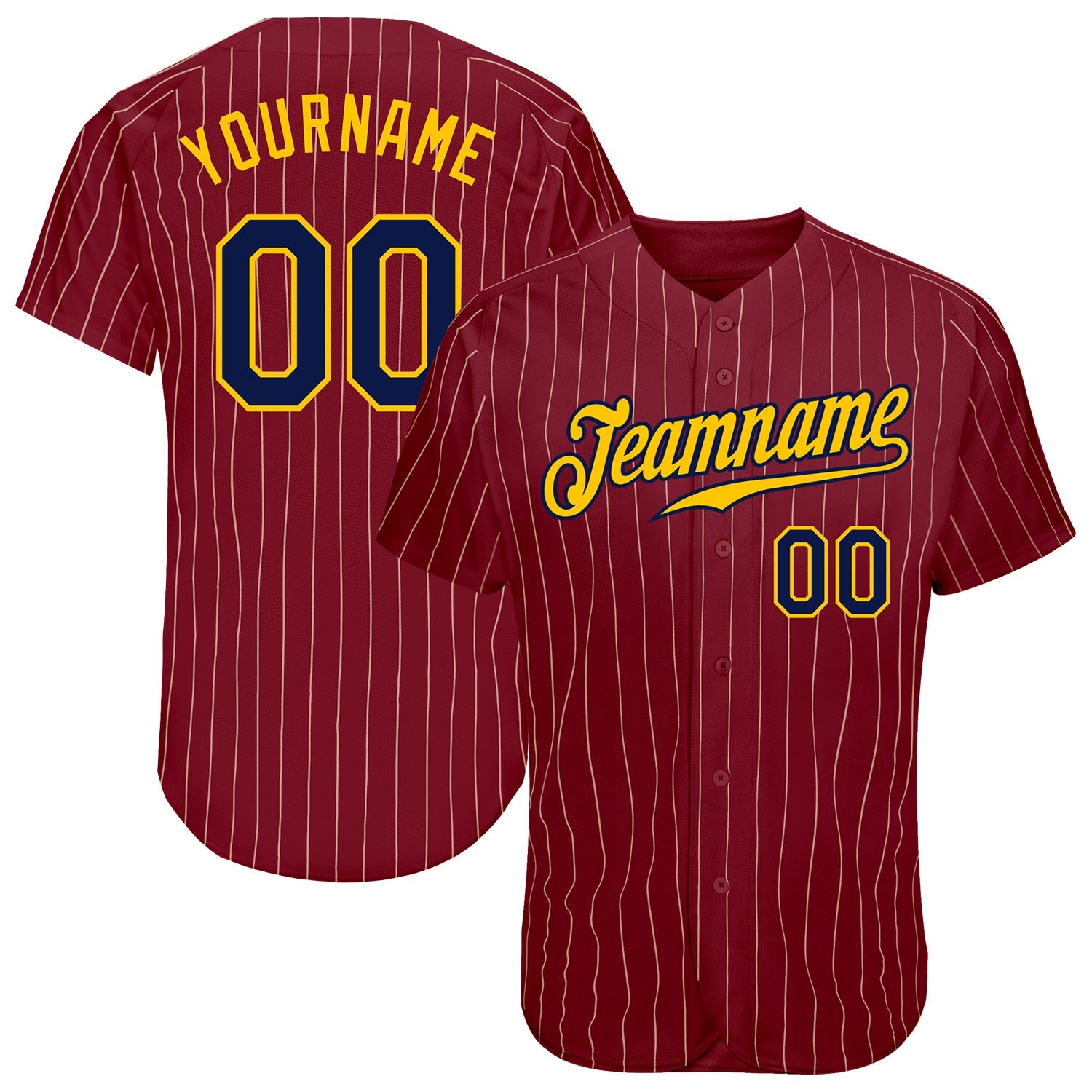 Custom Crimson Cream Pinstripe Navy-Gold Authentic Baseball Jersey - Main View