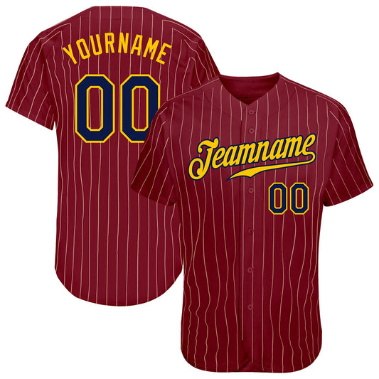 Custom Crimson Cream Pinstripe Navy-Gold Authentic Baseball Jersey - Main View