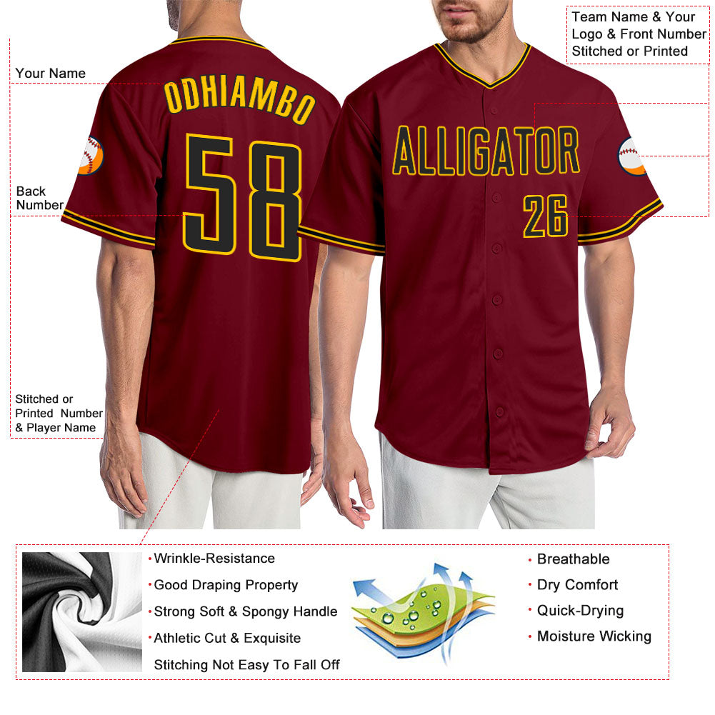 Custom Crimson Black-Gold Authentic Baseball Jersey view 3