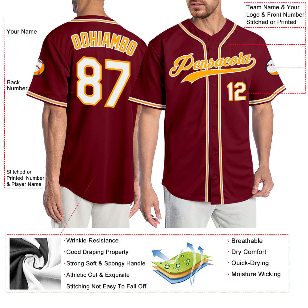 Custom Crimson White-Gold Authentic Baseball Jersey view 3