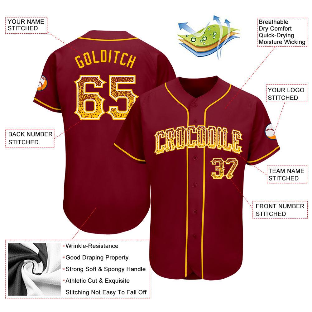 Custom Crimson Gold-White Authentic Drift Fashion Baseball Jersey view 3