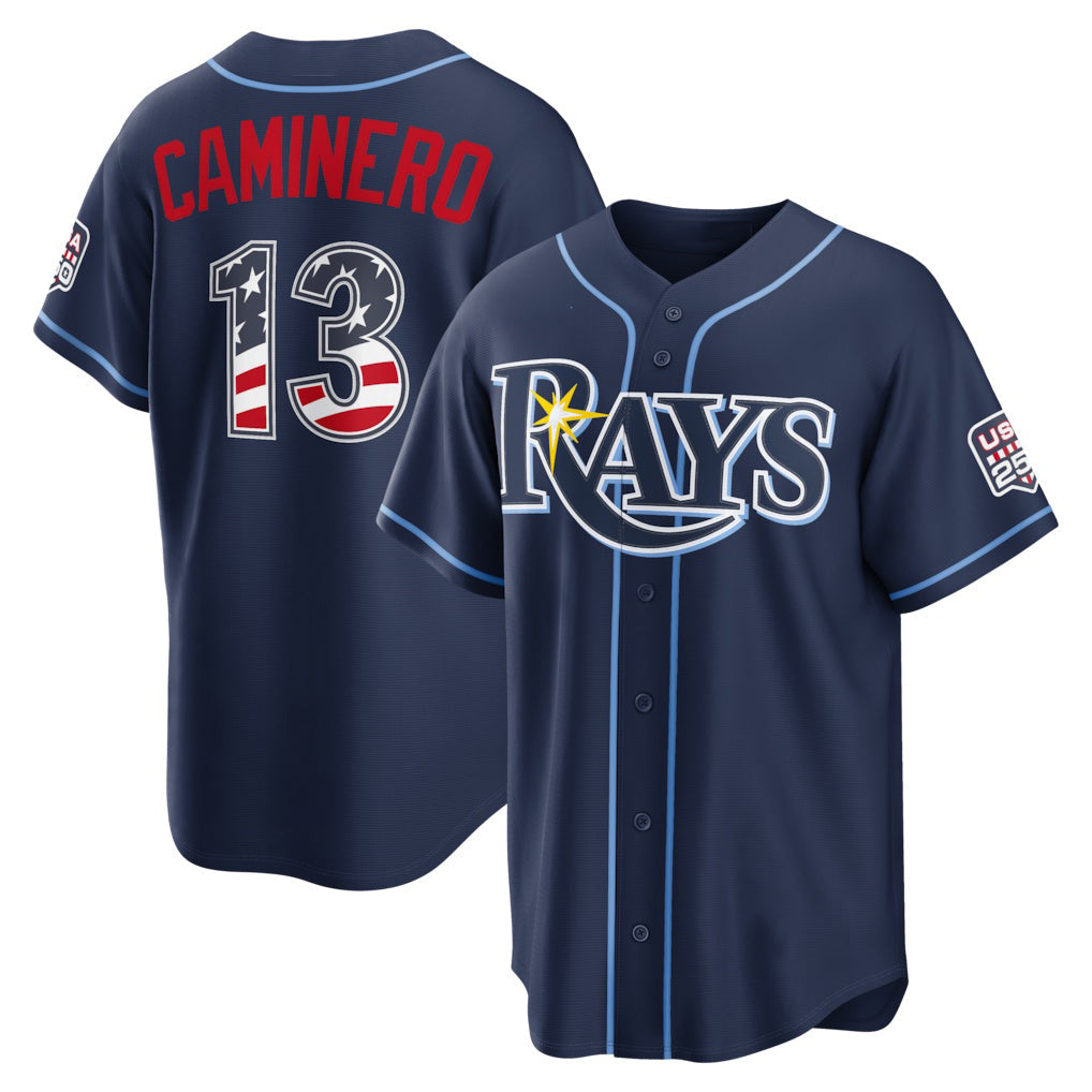 Tampa Bay Rays #13 Junior Caminero USA 250 Fourth of July Road Stadium Jersey - Navy Tailgate Goods - Main View