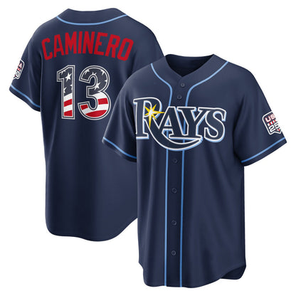 Tampa Bay Rays #13 Junior Caminero USA 250 Fourth of July Road Stadium Jersey - Navy Tailgate Goods - Main View