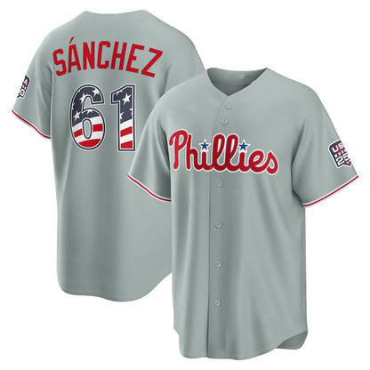 Philadelphia Phillies #61 Cristopher Sanchez USA 250 Fourth of July Road Stadium Jersey - Gray Tailgate Goods - Main View