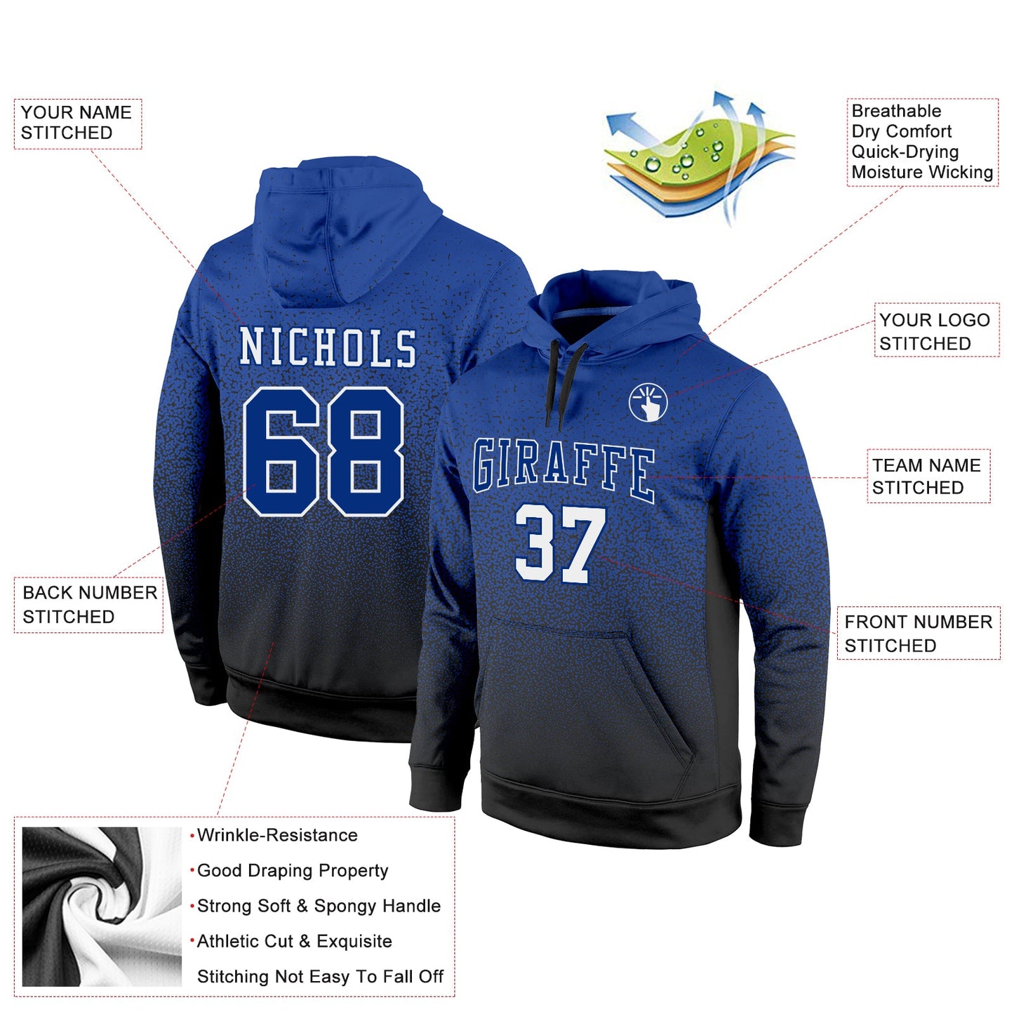 Custom Stitched Black Royal-White Fade Fashion Sports Pullover Sweatshirt Hoodie view 2