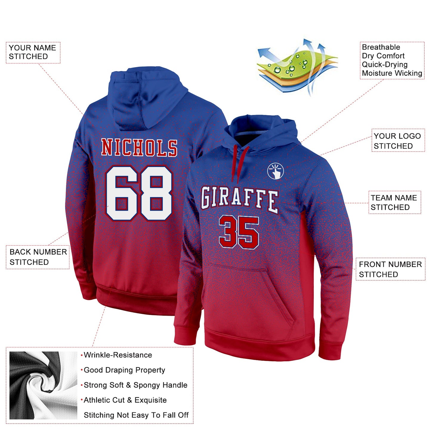 Custom Stitched Royal White-Red Fade Fashion Sports Pullover Sweatshirt Hoodie view 2