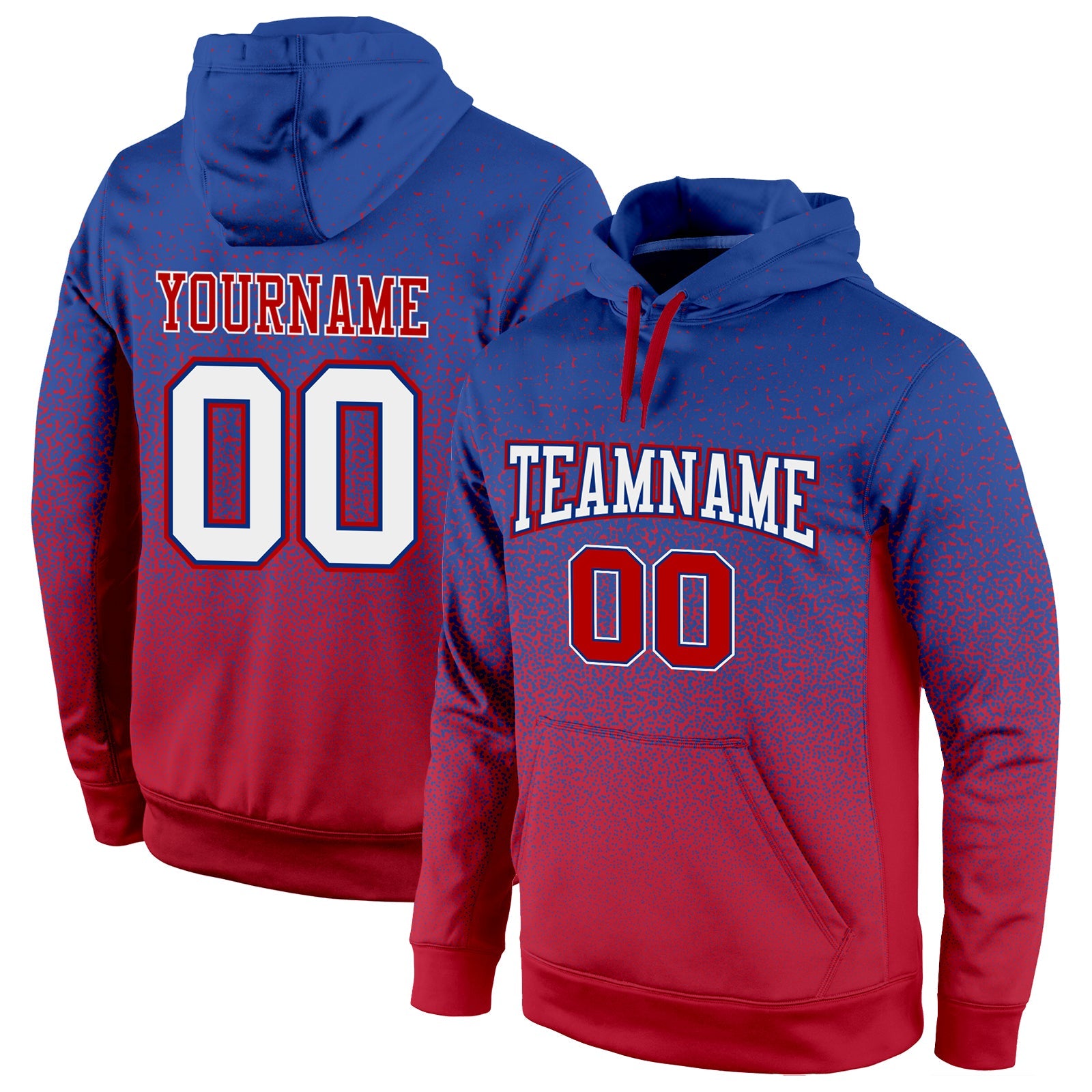 Custom Stitched Royal White-Red Fade Fashion Sports Pullover Sweatshirt Hoodie - Main View