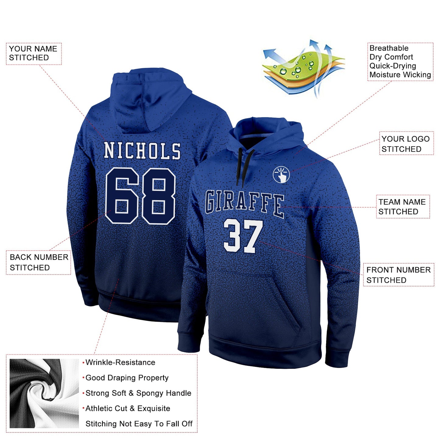 Custom Stitched Royal Navy-White Fade Fashion Sports Pullover Sweatshirt Hoodie view 2