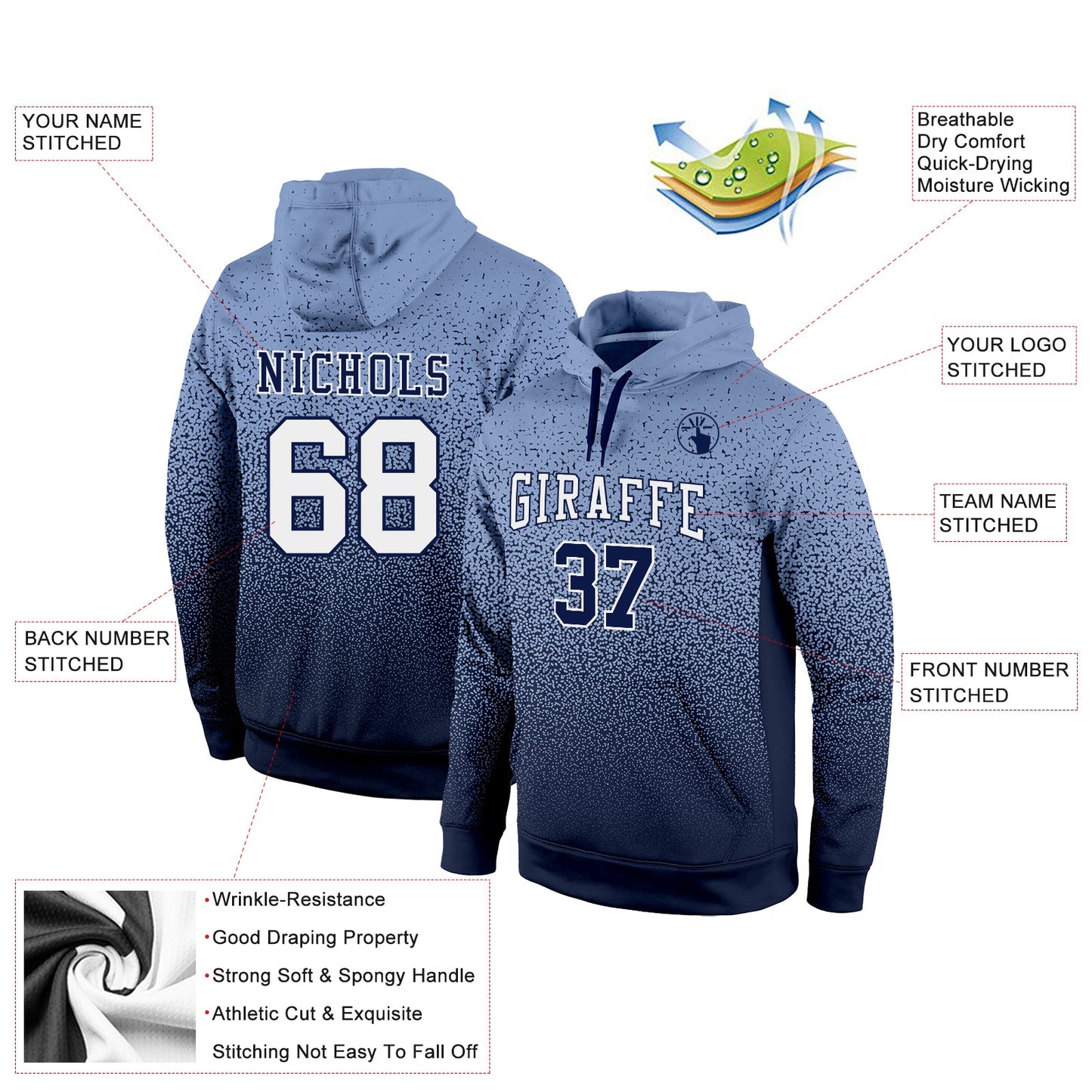 Custom Stitched Powder Blue White-Navy Fade Fashion Sports Pullover Sweatshirt Hoodie view 2