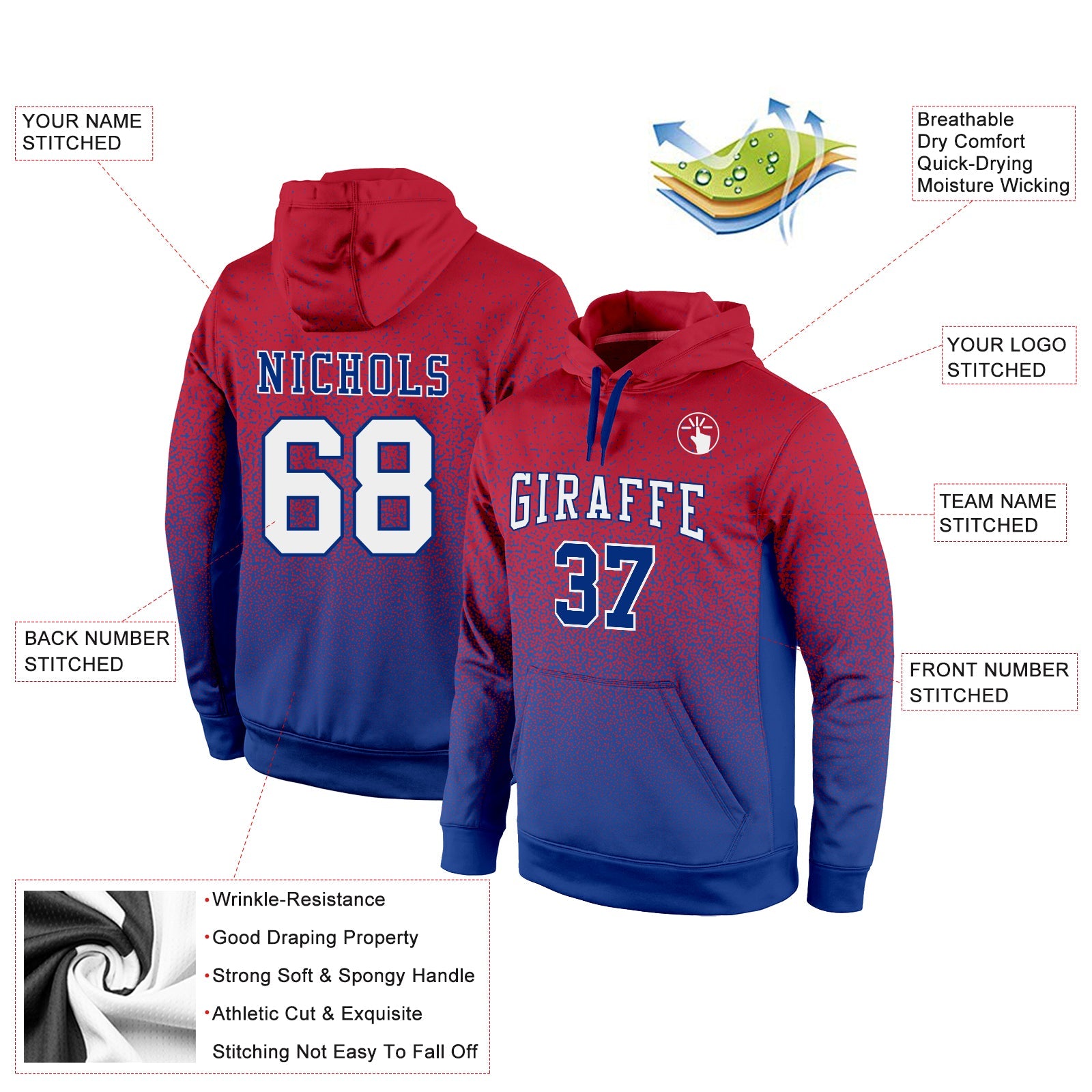 Custom Stitched Red White-Royal Fade Fashion Sports Pullover Sweatshirt Hoodie view 2