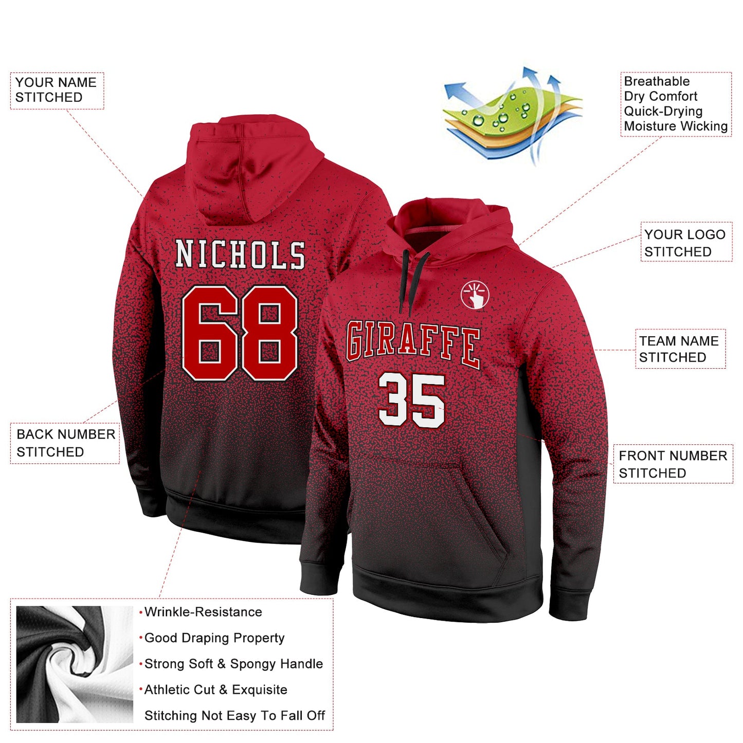 Custom Stitched Black Red-White Fade Fashion Sports Pullover Sweatshirt Hoodie view 3