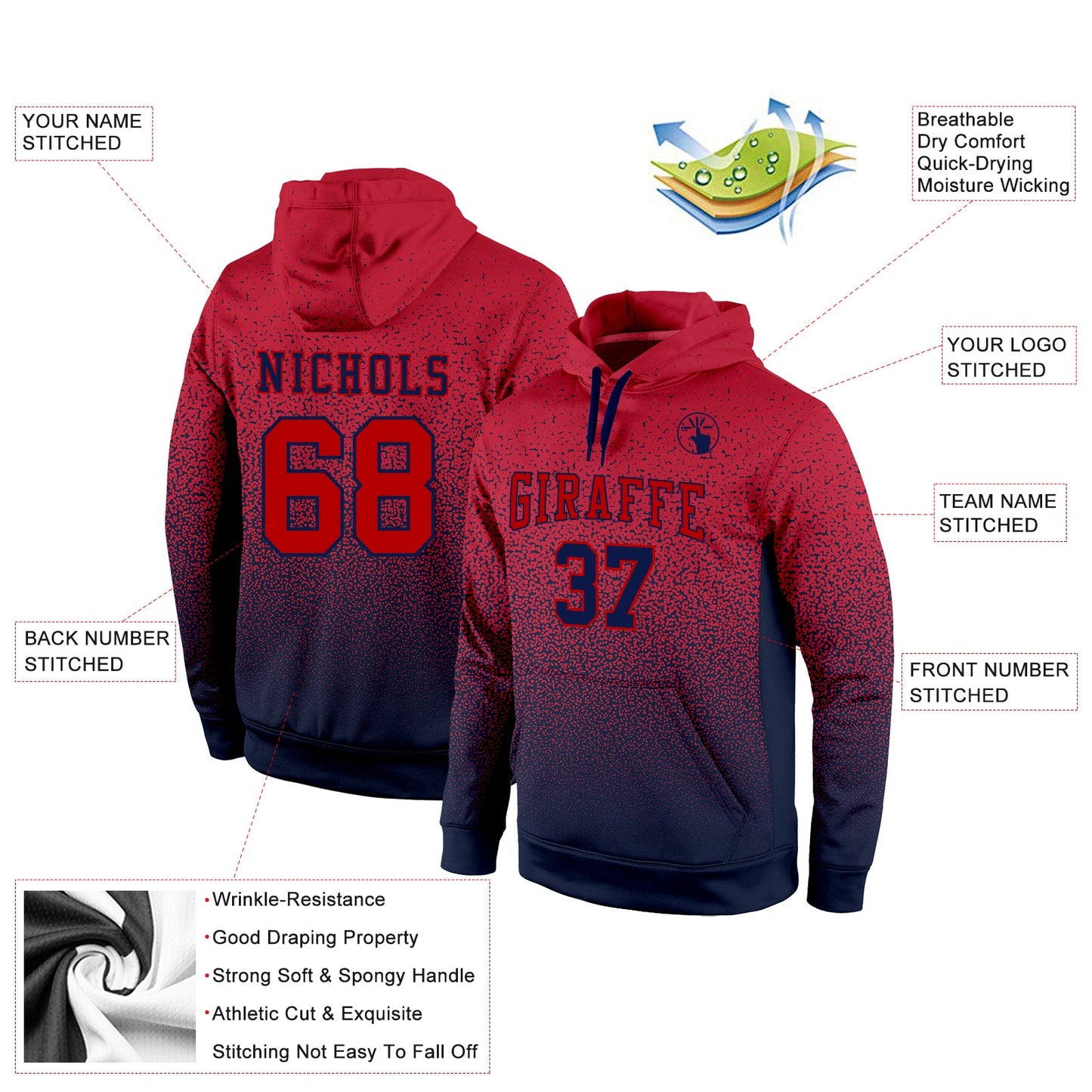 Custom Stitched Navy Red Fade Fashion Sports Pullover Sweatshirt Hoodie view 2