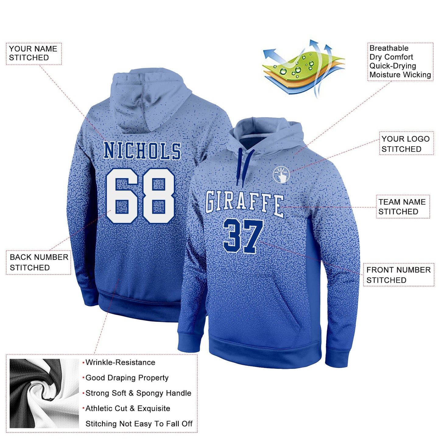 Custom Stitched Light Blue White-Royal Fade Fashion Sports Pullover Sweatshirt Hoodie view 2