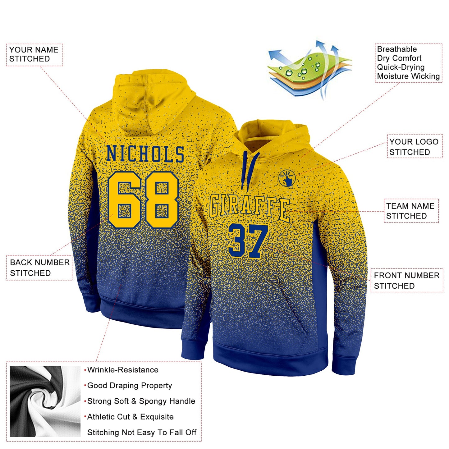 Custom Stitched Royal Gold Fade Fashion Sports Pullover Sweatshirt Hoodie view 2