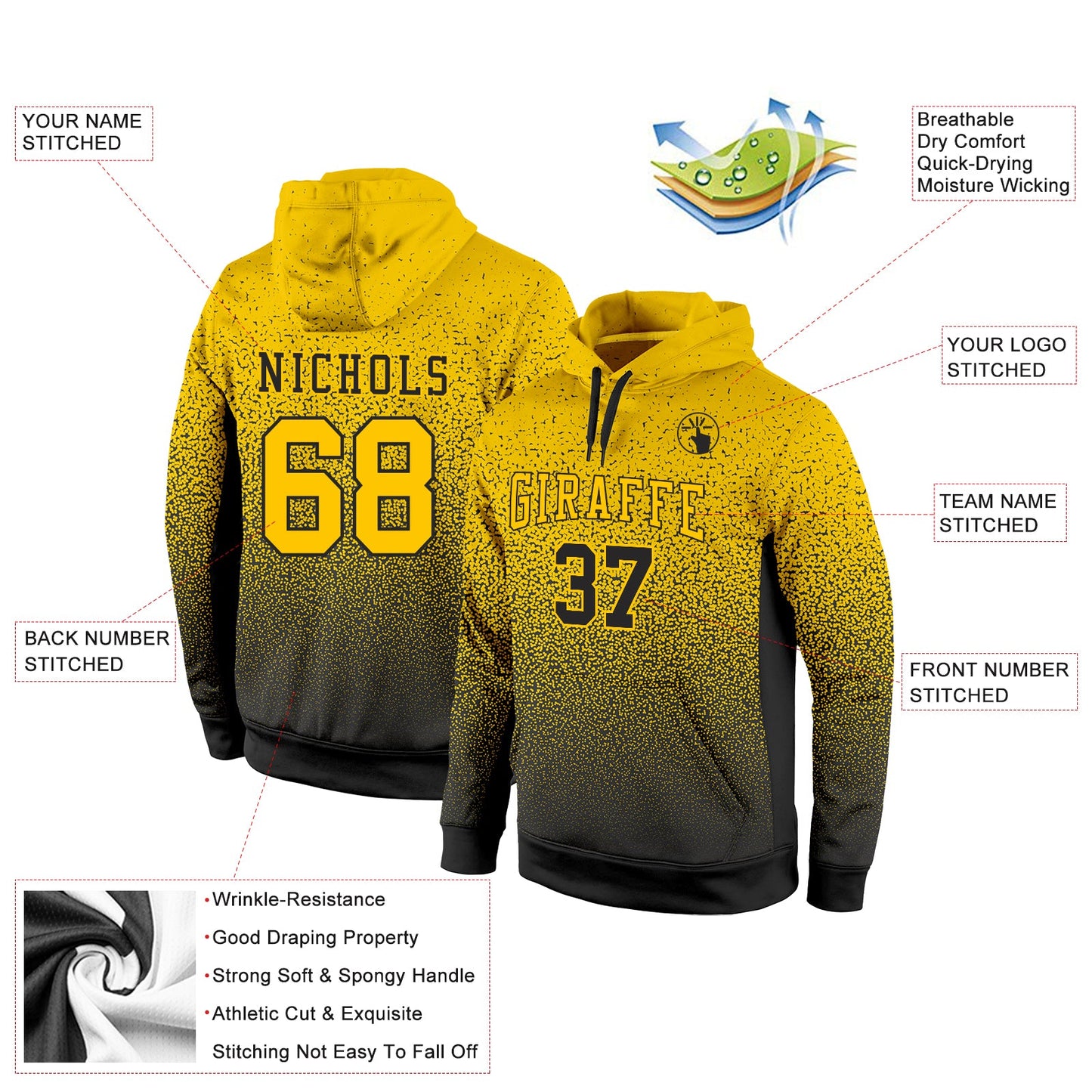 Custom Stitched Black Gold Fade Fashion Sports Pullover Sweatshirt Hoodie view 2
