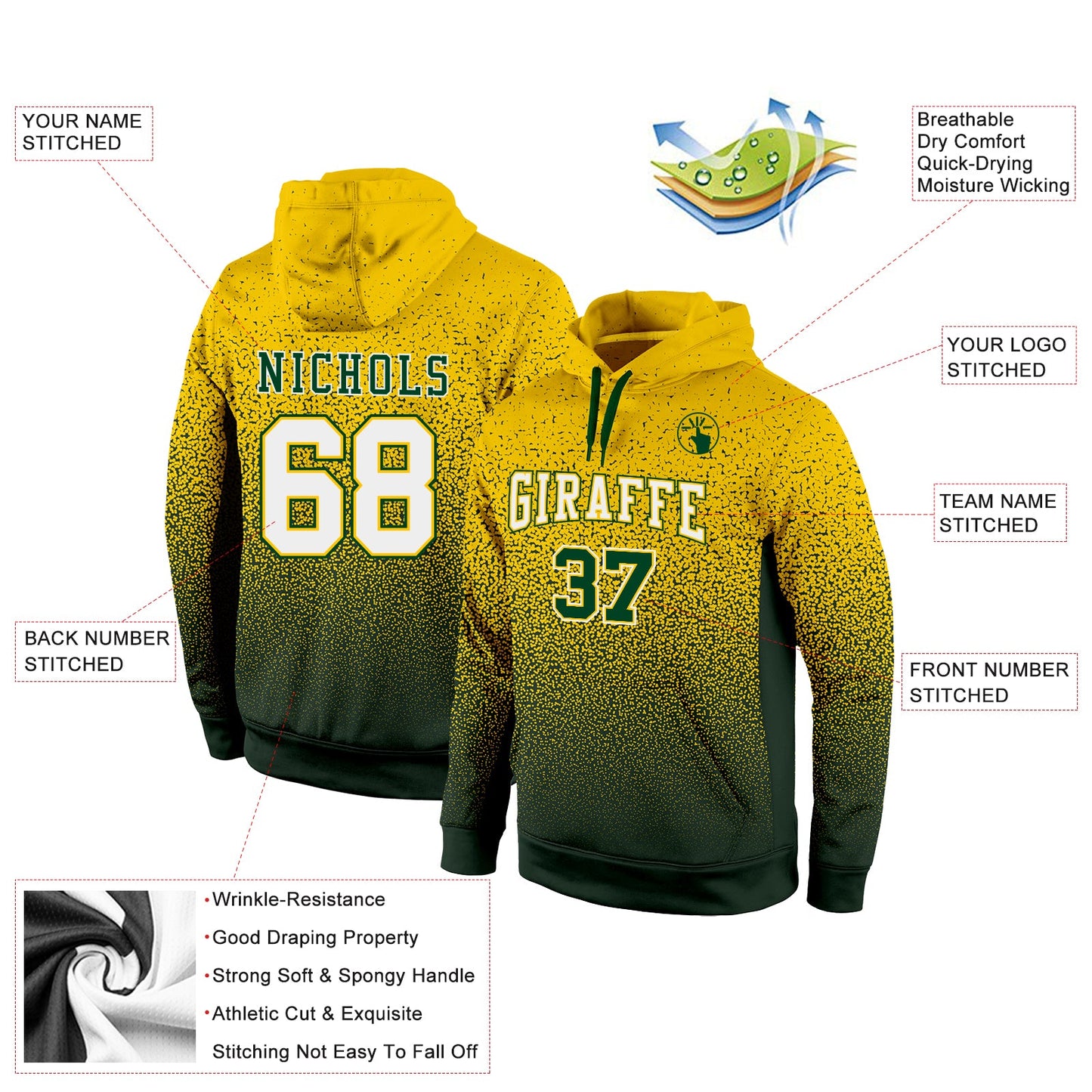 Custom Stitched Gold White-Green Fade Fashion Sports Pullover Sweatshirt Hoodie view 2