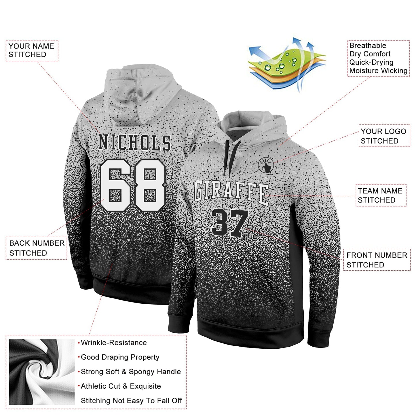 Custom Stitched Gray White-Black Fade Fashion Sports Pullover Sweatshirt Hoodie view 2