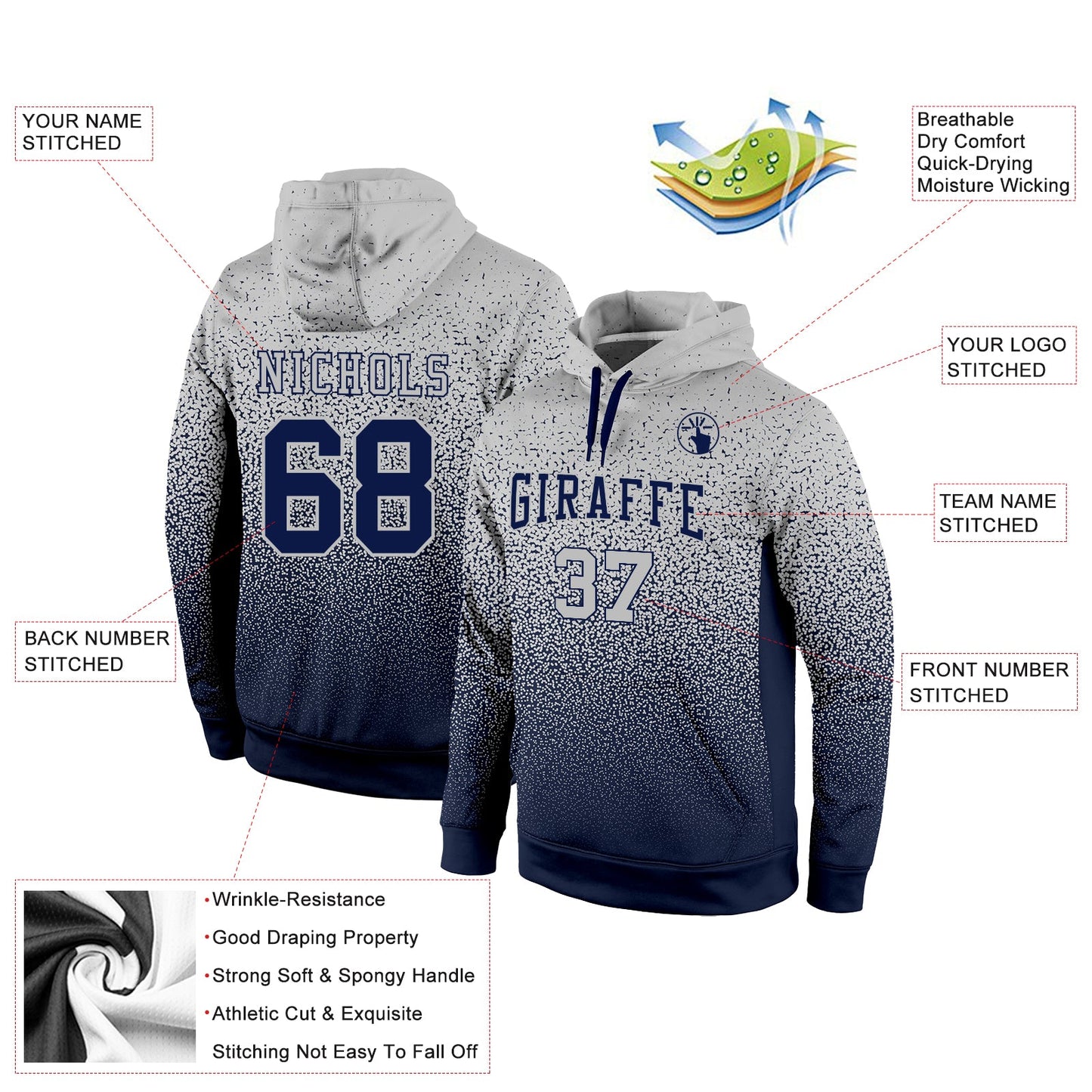 Custom Stitched Gray Navy Fade Fashion Sports Pullover Sweatshirt Hoodie view 2