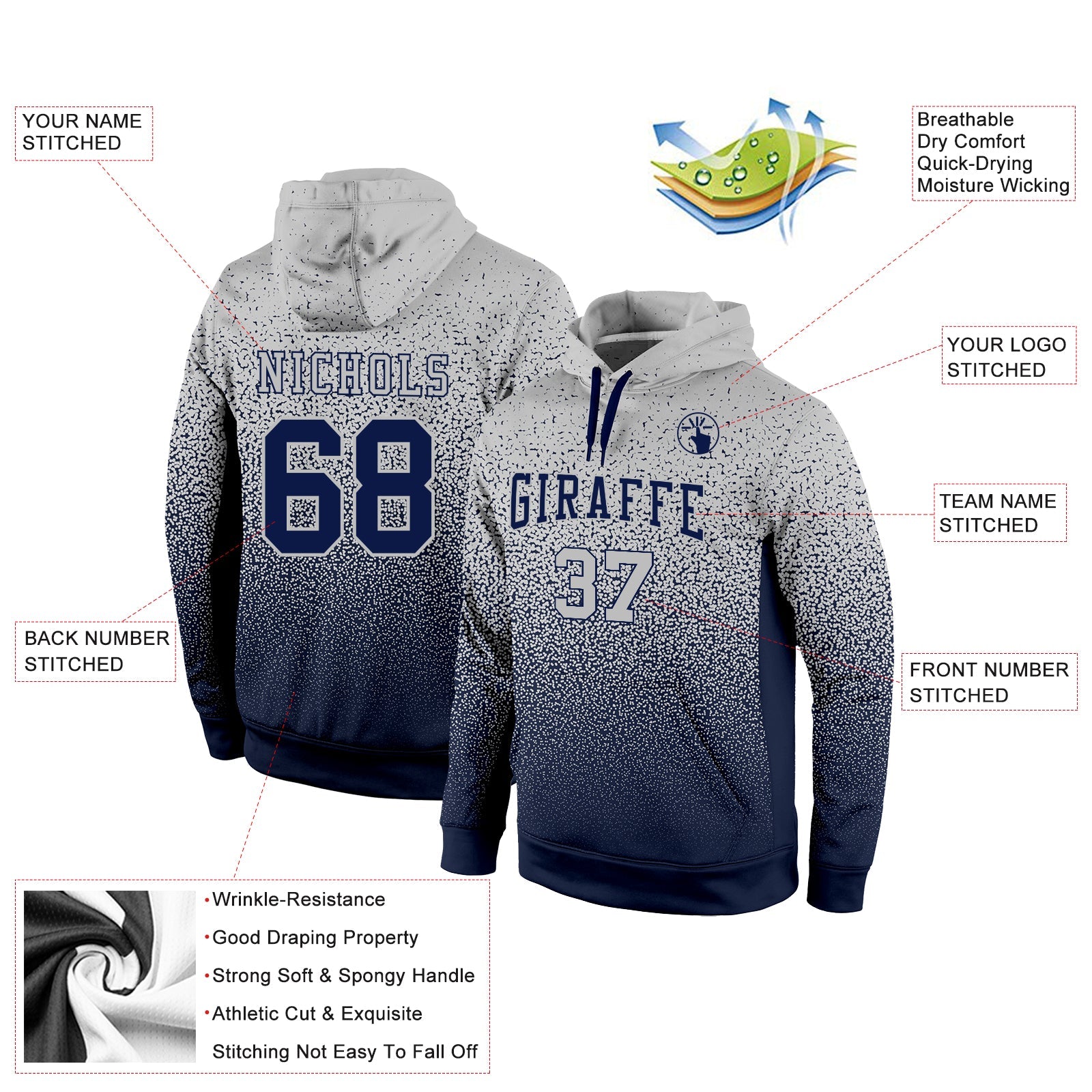 Custom Stitched Gray Navy Fade Fashion Sports Pullover Sweatshirt Hoodie view 2