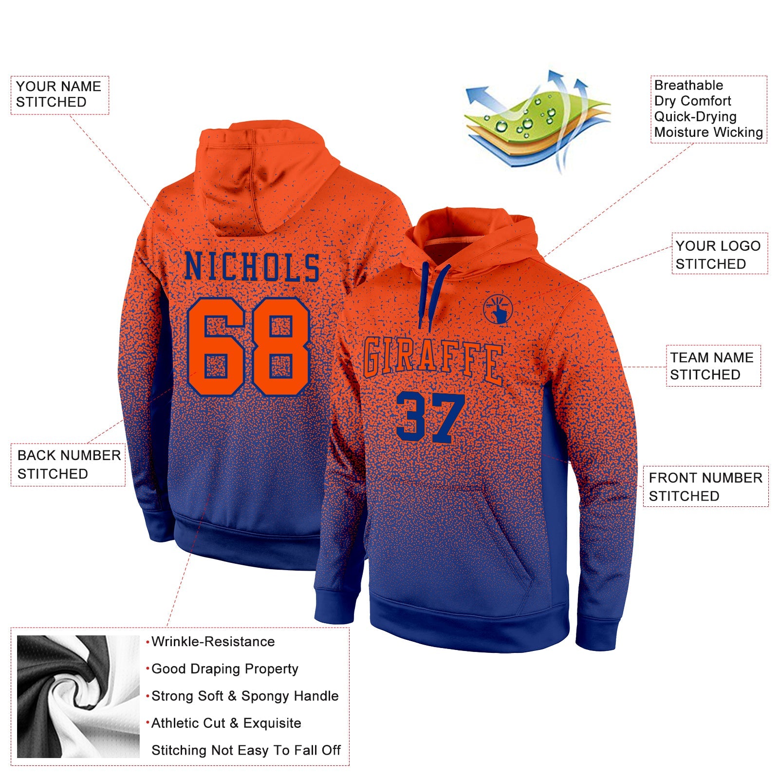 Custom Stitched Royal Orange Fade Fashion Sports Pullover Sweatshirt Hoodie view 2