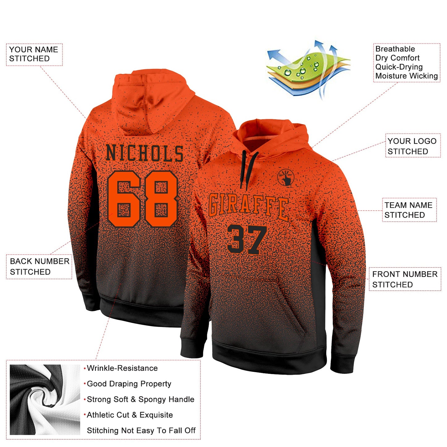 Custom Stitched Black Orange Fade Fashion Sports Pullover Sweatshirt Hoodie view 2