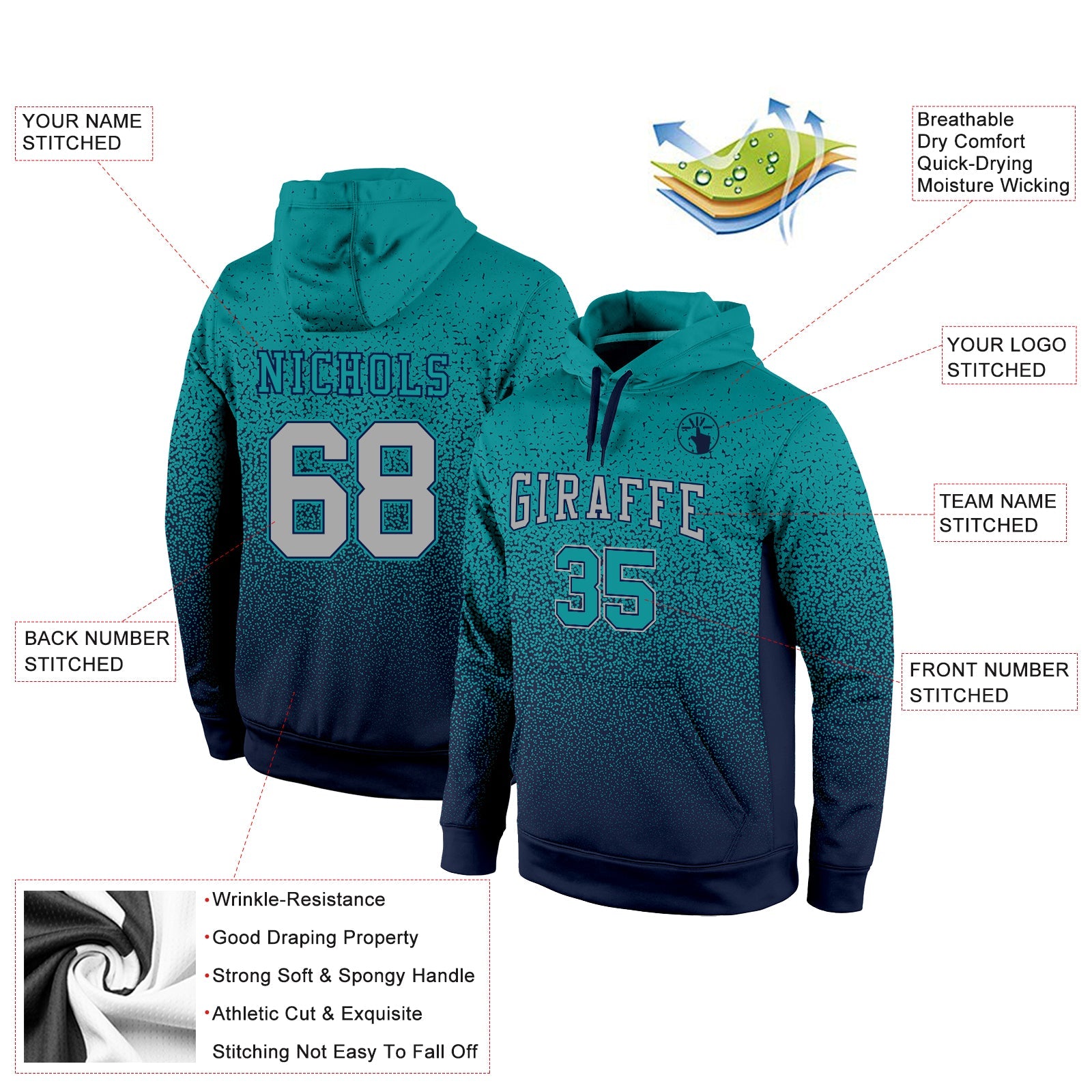 Custom Stitched Aqua Gray-Navy Fade Fashion Sports Pullover Sweatshirt Hoodie view 2