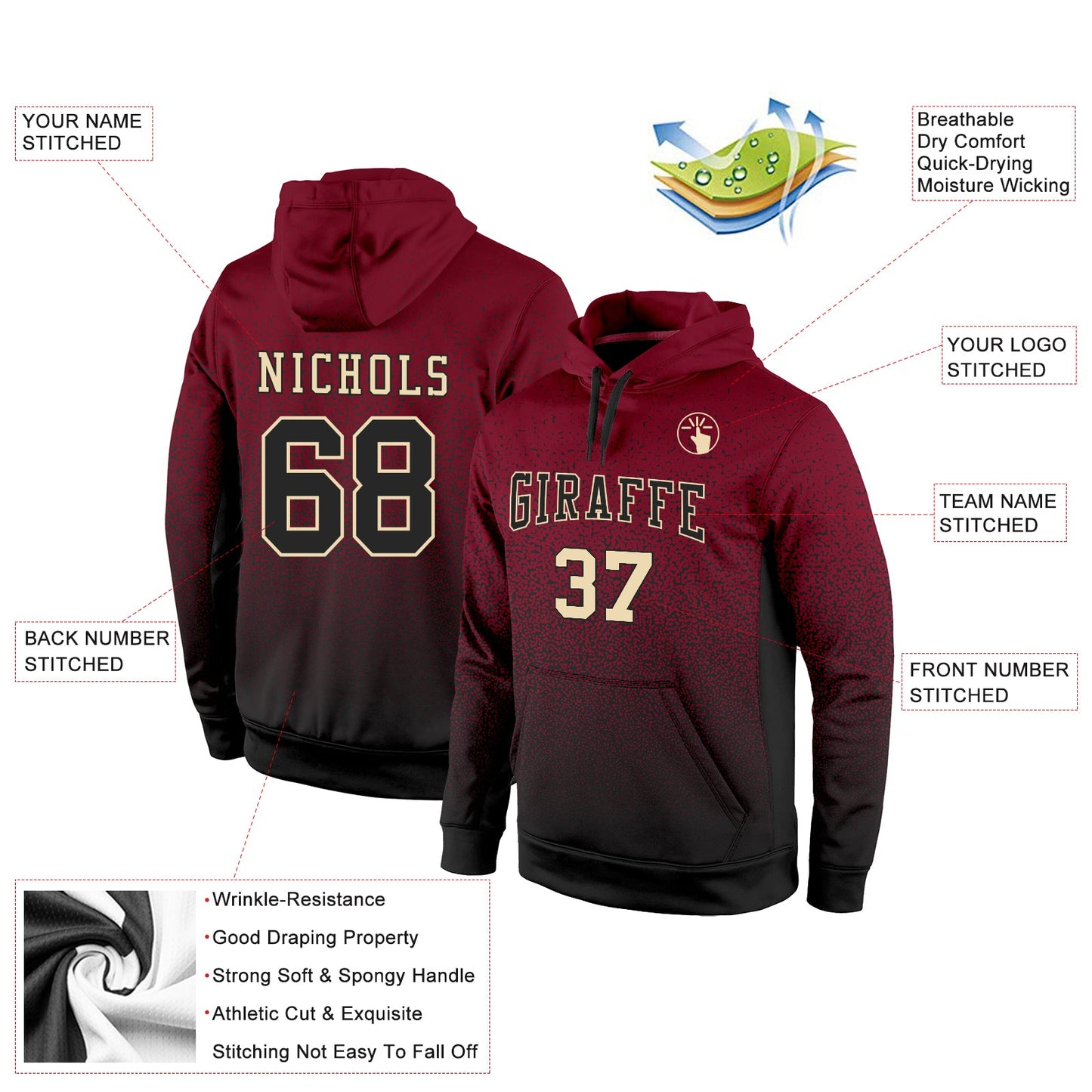 Custom Stitched Crimson Black-Cream Fade Fashion Sports Pullover Sweatshirt Hoodie view 2