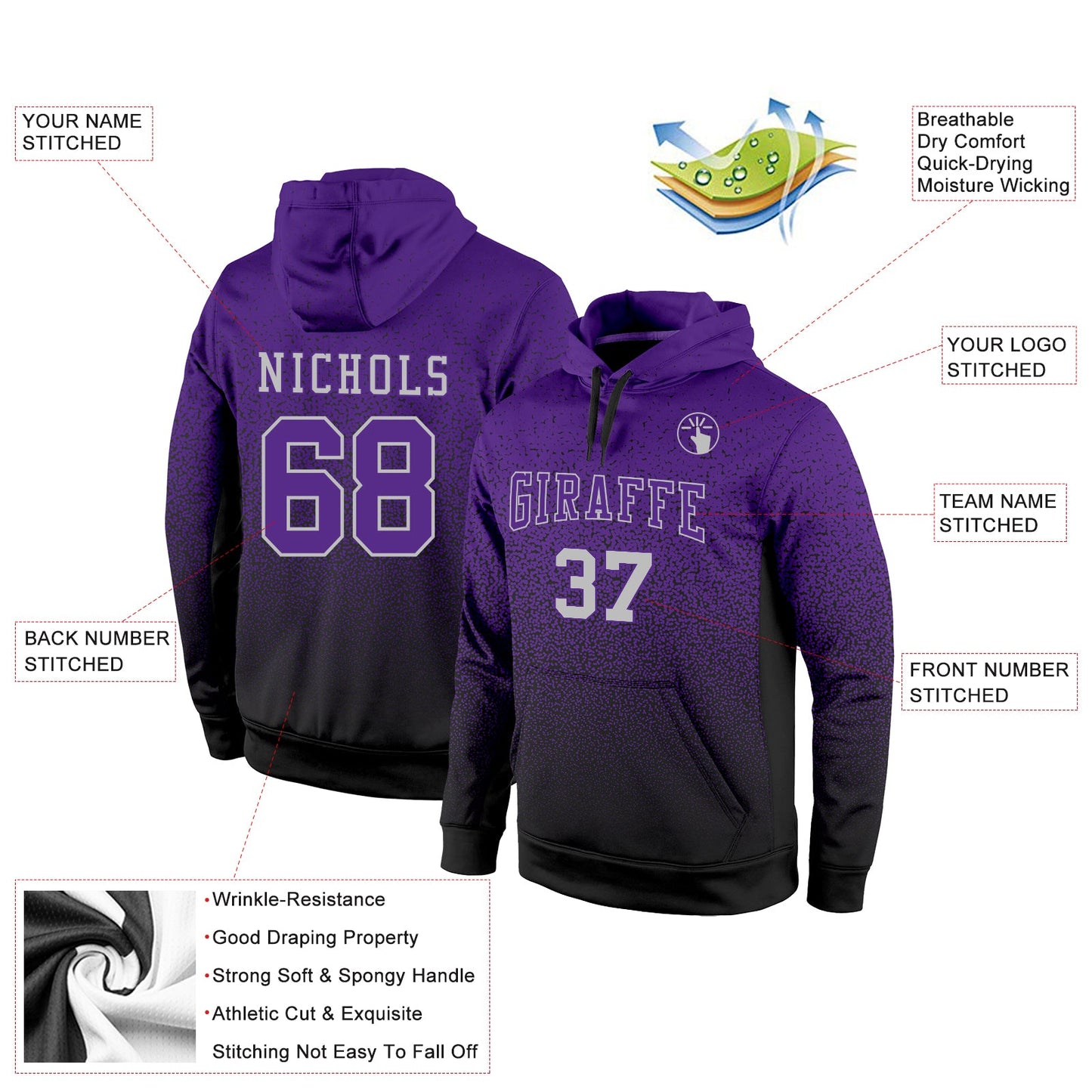 Custom Stitched Black Purple-Gray Fade Fashion Sports Pullover Sweatshirt Hoodie view 2