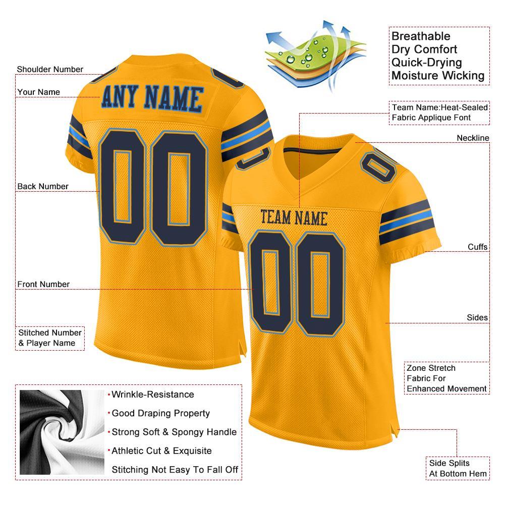 Custom Gold Navy-Powder Blue Mesh Authentic Football Jersey view 4