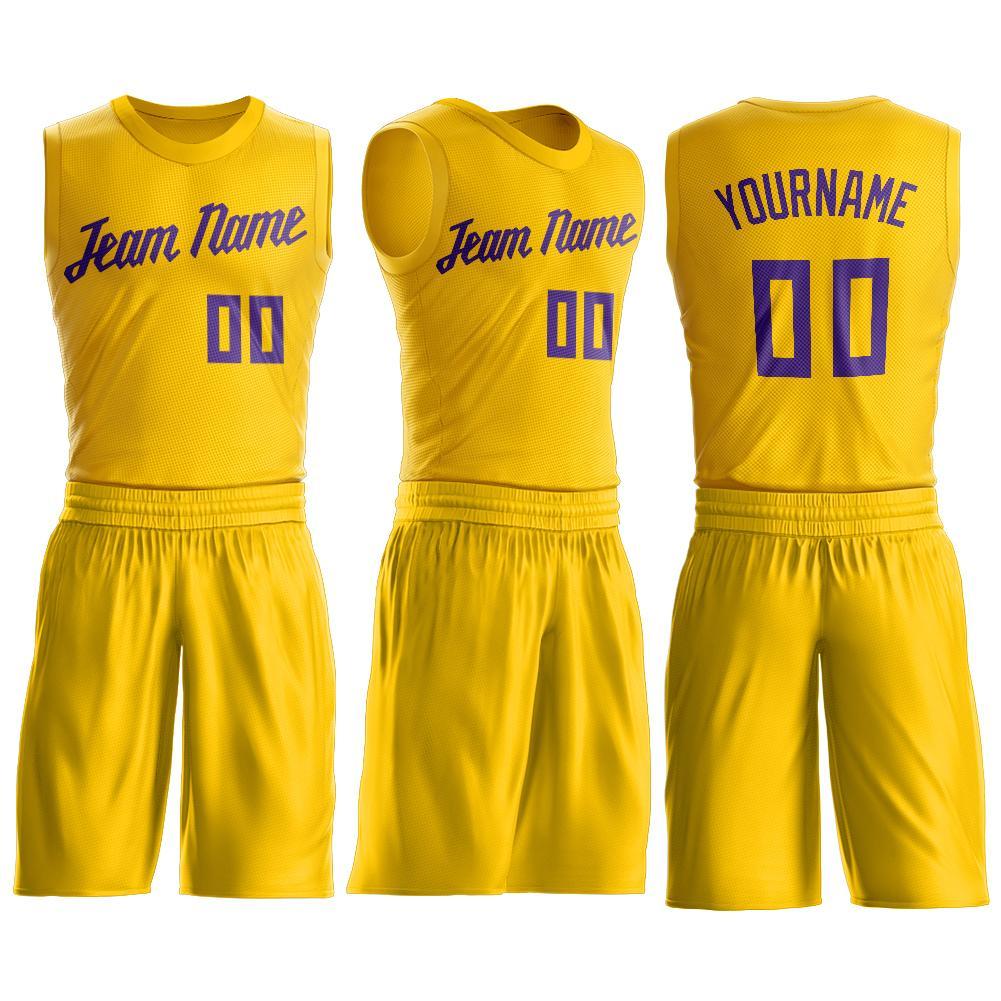 Custom Gold Purple Round Neck Basketball Uniform Jersey view 3
