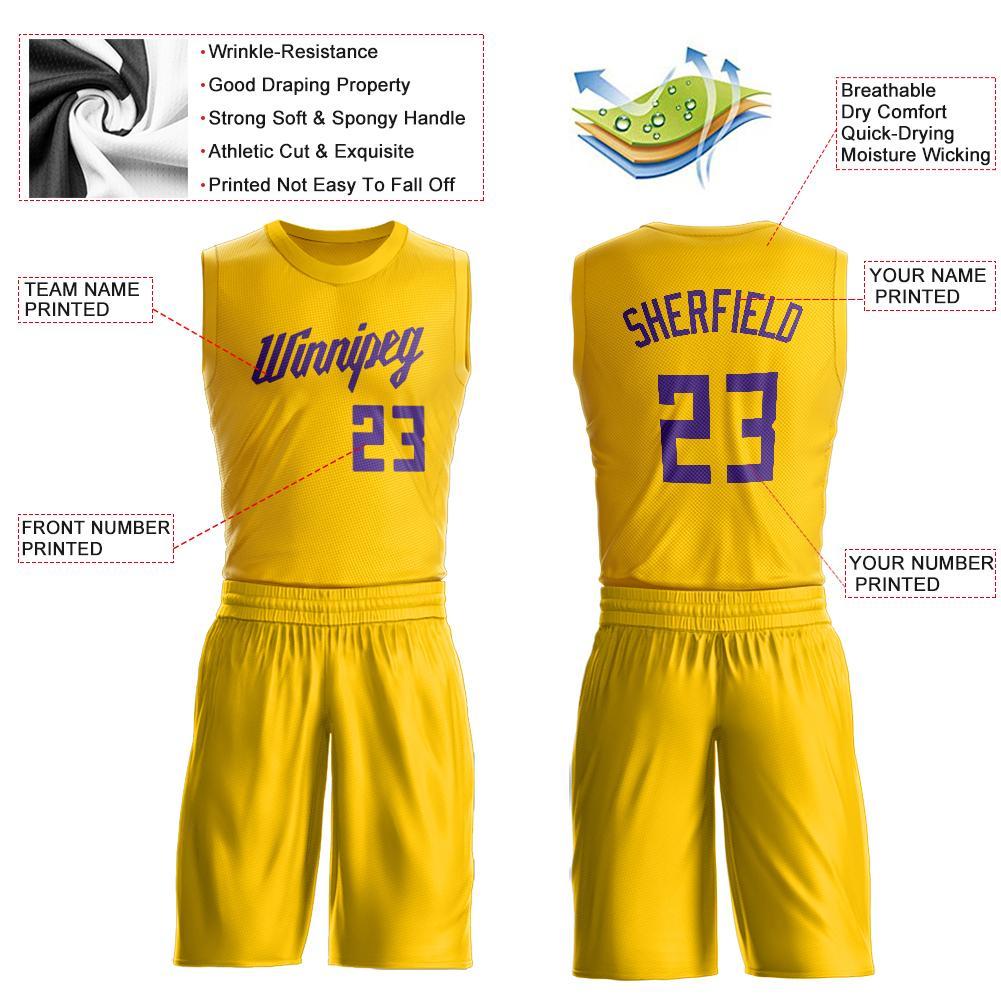 Custom Gold Purple Round Neck Basketball Uniform Jersey view 4