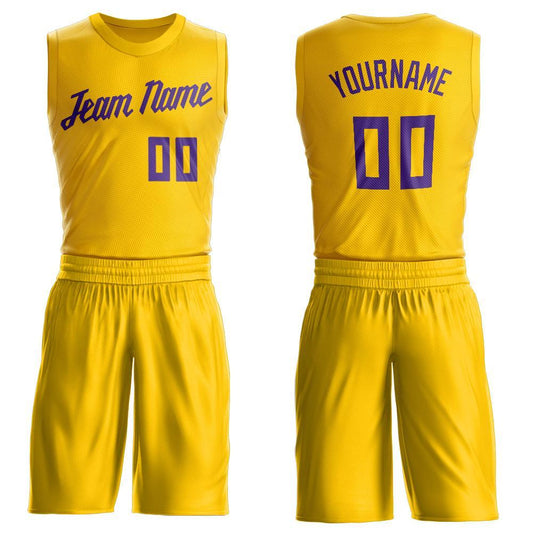 Custom Gold Purple Round Neck Basketball Uniform Jersey - Main View